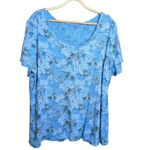Fresh Produce Floral Tropical Print Relaxed Top 2X Blue Short Sleeve Pullover